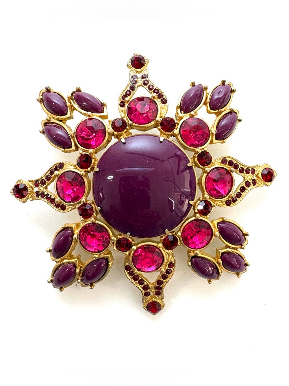 Vintage Gold-Tone Purple & Fuchsia Rhinestone Starburst Brooch 3”